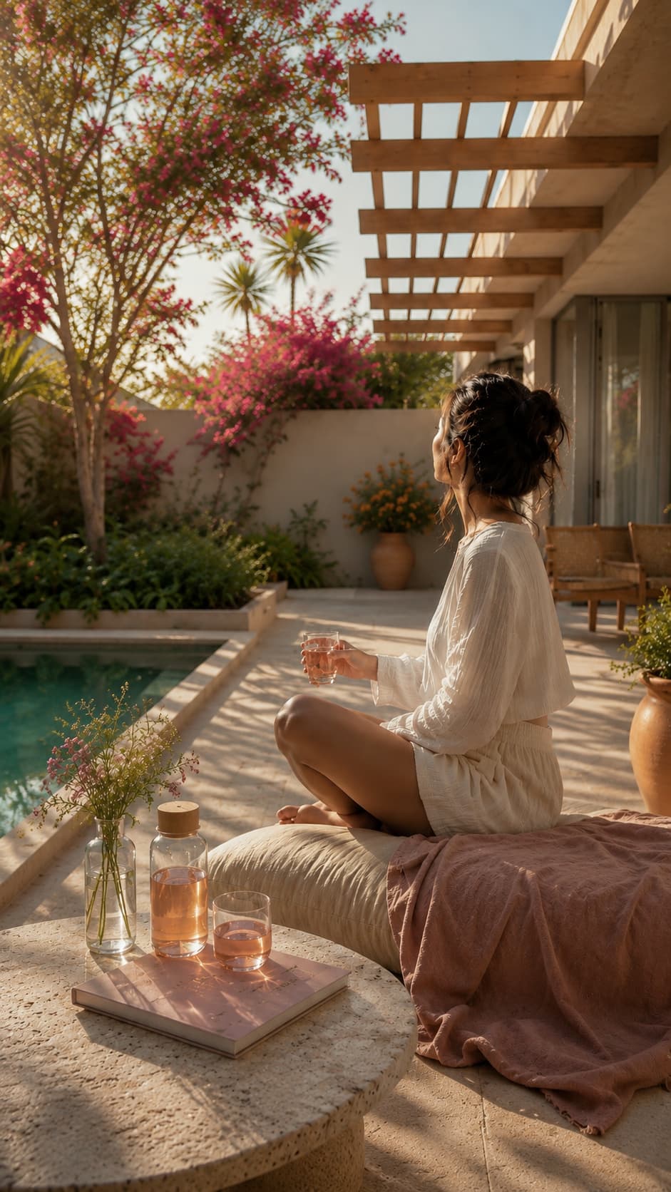 A woman holding a botanical drink poolside in soft morning light