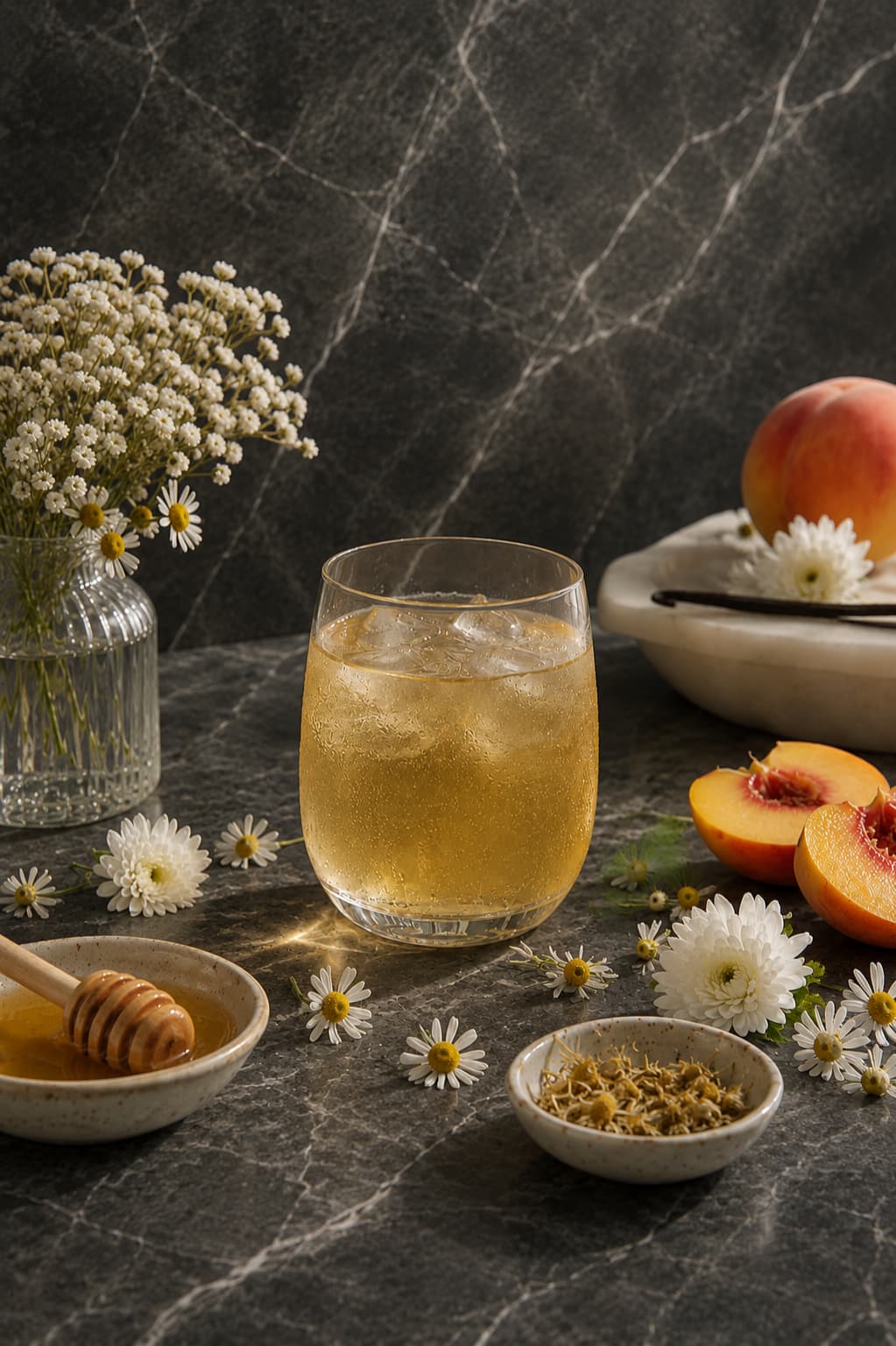 A warm amber botanical drink beside a candle in low evening light