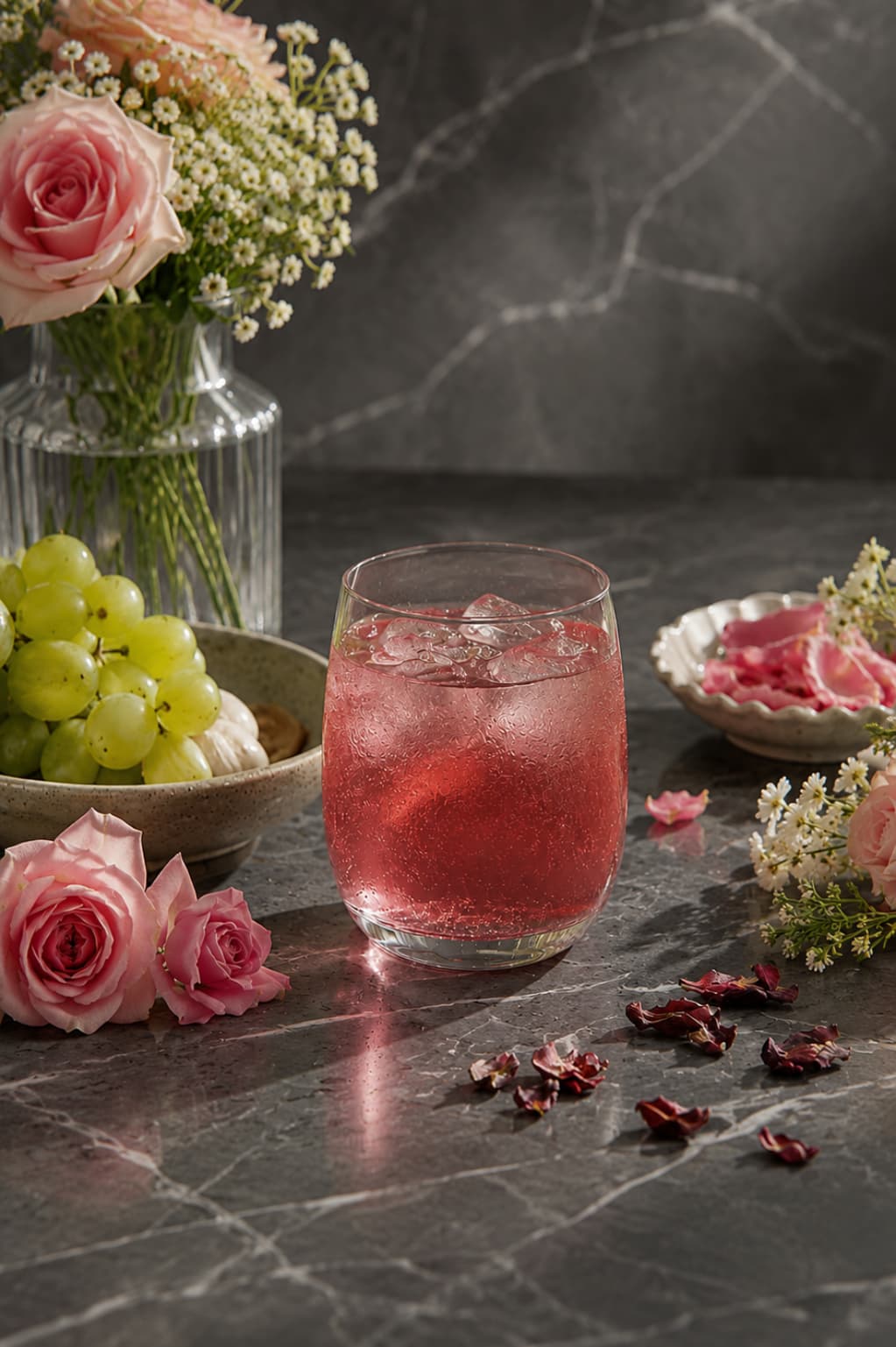 A pink floral botanical drink in bright daylight