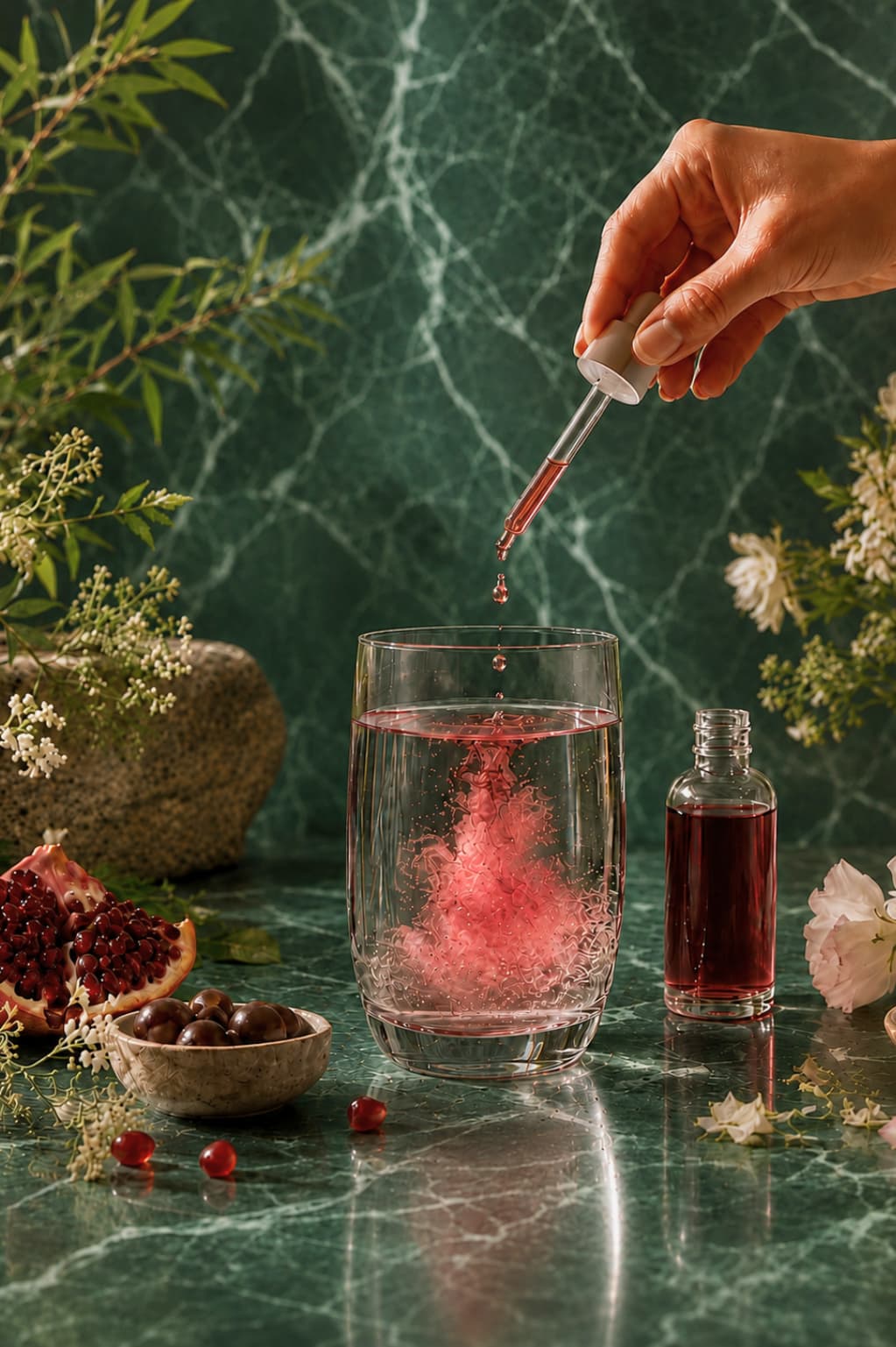 A pink botanical drink in ribbed glassware on marble with berries and flowers